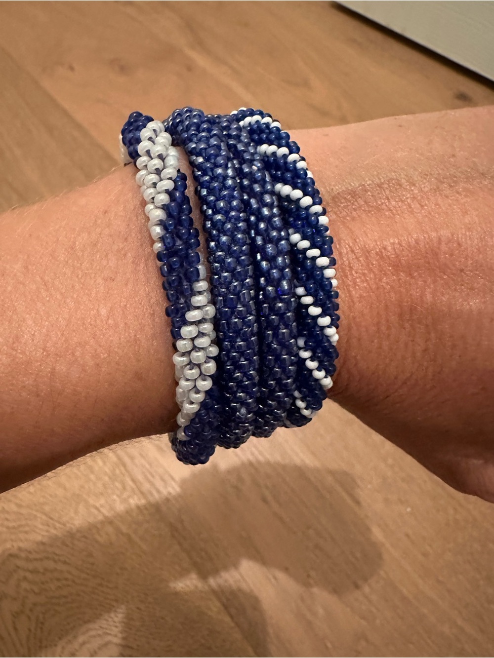 Blue and White Seed Bead Wrap stack Bracelets game day